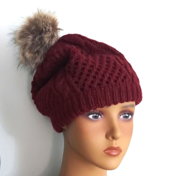 Maroon Puff Stitch Beanie with Faux  Fur Pompom Hat - Picture 2 of 8